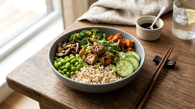 A healthy grain bowl filled with brown rice, edamame, saut&eacute;ed mushrooms, broccoli, sliced cucumbers, and crispy tofu sits on a wooden table alongside chopsticks and a glass of water.