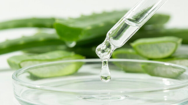Dropper applying clear liquid into a petri dish with fresh aloe vera leaves representing organic botanical skincare, natural hydration serum, and cosmetic laboratory research.