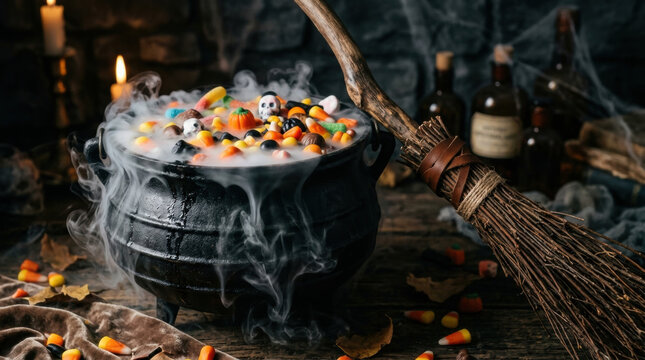 Black witch cauldron bubbling with colorful candies and smoke next to a broomstick representing spooky trick or treat party, magic potion concept, and sweet Halloween celebration.
