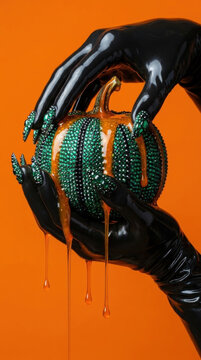 Creepy hands in black latex gloves holding a green jeweled pumpkin with dripping orange liquid representing glamorous gothic Halloween, luxury macabre fashion, and dark magic aesthetic.