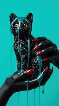 Creepy black hands with red nails holding a beaded black cat statue with dripping teal liquid representing avant garde gothic fashion, surreal Halloween aesthetic, and dark magic art.
