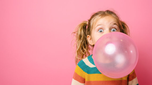 Surprised little girl blowing a big pink bubblegum bubble on a pink background representing playful childhood fun, sweet candy snack, and vibrant pop art humor.