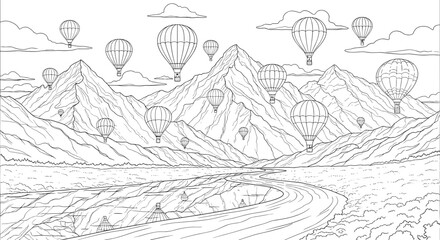 Fototapeta premium Breathtaking mountain landscape with many hot air balloons flying in sky