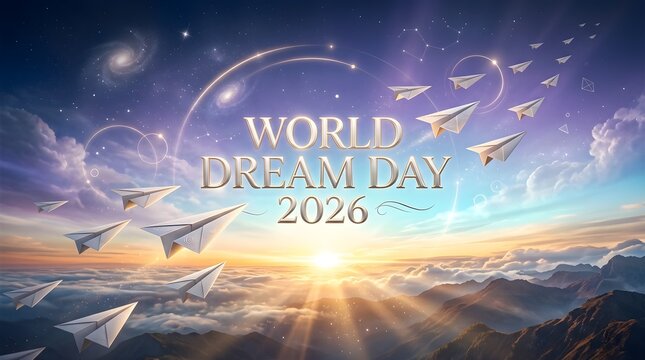 World Dream Day 2026 paper planes flying in starry cloudscape