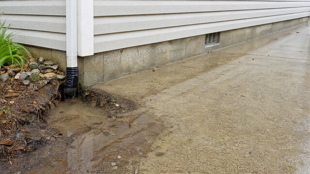 Eroded ground under a blocked downspout