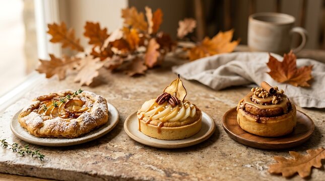 Three fall-inspired pastries including an apple galette, a pear tart with cream, and a pecan cinnamon roll arranged on individual plates on a stone surface decorated with autumn oak leaves.