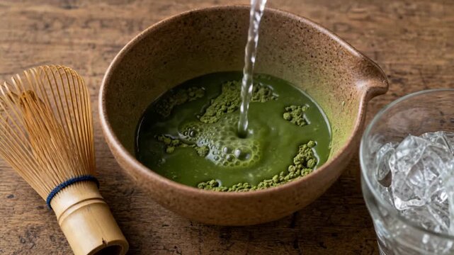 Pouring Water into Matcha Powder in a Ceramic Bowl to Prepare Japanese Green Tea