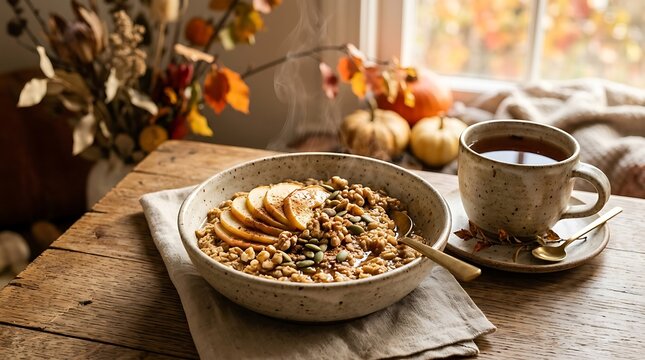 A cozy autumn breakfast of warm oatmeal topped with sliced apples, seeds, and nuts served in a ceramic bowl next to a mug of hot tea on a rustic wooden table near a window with pumpkins.