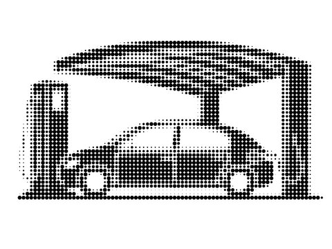 Halftone pixel silhouette of car wash with passenger car made of black dots