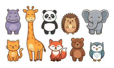 Obraz premium Cute cartoon animals including giraffe panda hedgehog elephant fox and bear with friendly expressions arranged together in playful children’s illustration design