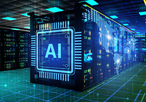 AI data center infrastructure. Server racks with artificial intelligence chip visualization for cloud computing and digital network processing.
