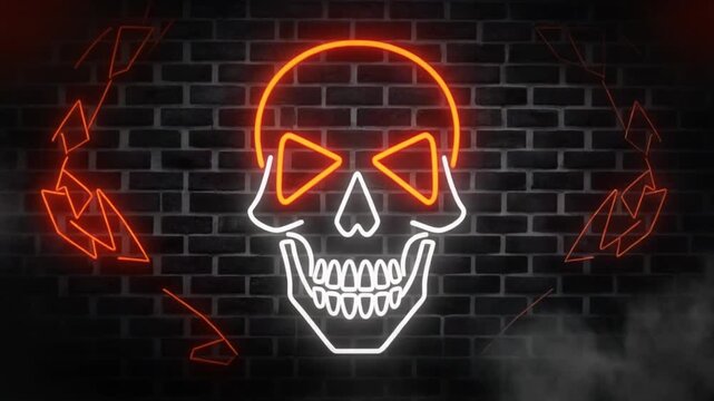 Dark brick wall with glowing neon skull outlined in white and orange‑red fragments, symbolizing edgy urban art, danger, and dynamic atmosphere.