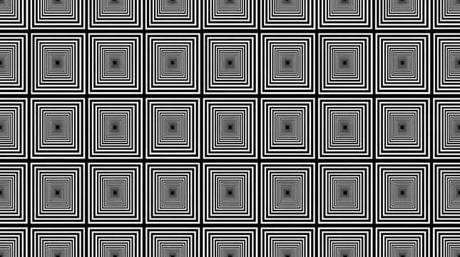 Monochrome geometric square tunnel pattern offering optical illusion black and white abstract background texture with geometric illusion abstract background