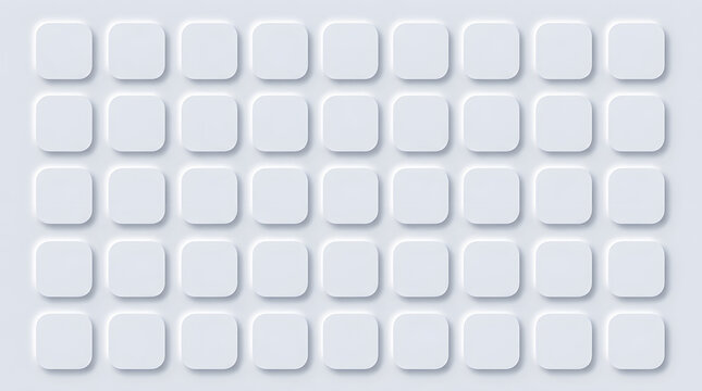 Neumorphic soft UI grid pattern featuring embossed rounded square buttons on white minimalist background neumorphism minimalist background embossed