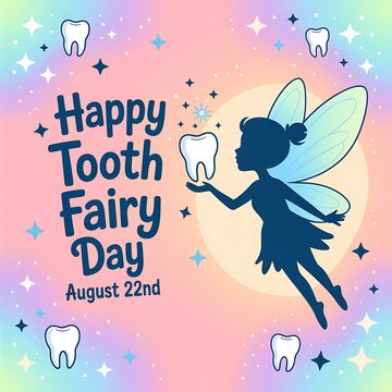 Happy tooth fairy day august 22nd greeting card with fairy silhouette and tooth icons children pediatric