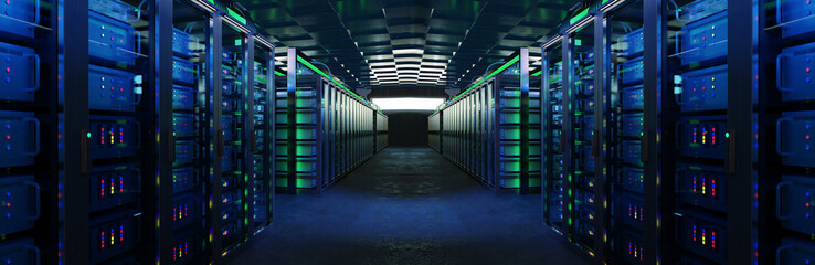 Naklejka premium Data center. Server racks operate in a modern data center, providing cloud computing, AI processing, high-performance computing, secure data storage and network infrastructure.