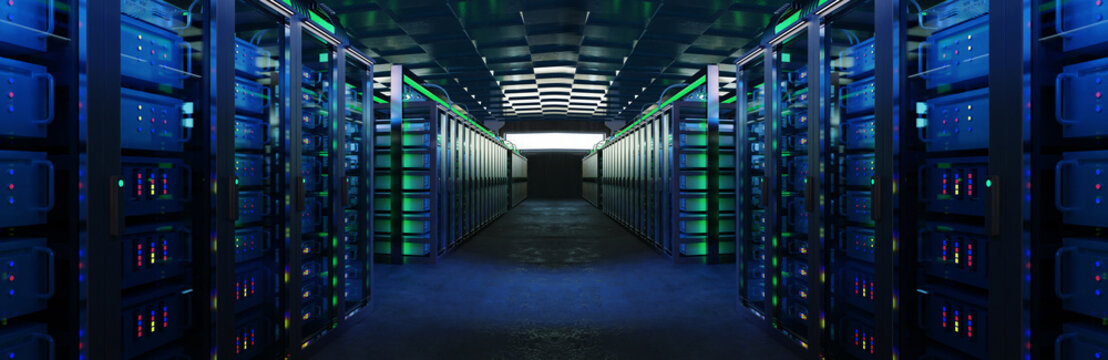 Data center. Server racks operate in a modern data center, providing cloud computing, AI processing, high-performance computing, secure data storage and network infrastructure.