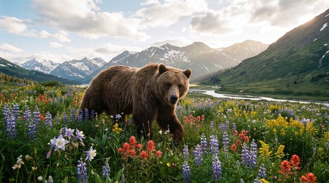 A majestic grizzly bear walks through a vibrant meadow bursting with wildflowers, framed by snow-capped mountains under a dramatic sky.