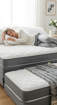A woman relaxing on a comfortable bed with a pull-out trundle mattress in a bright, modern bedroom.