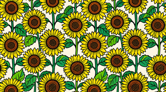 Bright yellow sunflowers pattern with green leaves and stems repeating illustration background yellow flowers floral pattern seamless pattern sunflower fiel