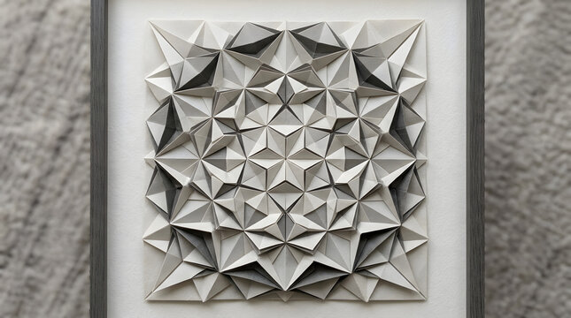 Intricate geometric paper sculpture artwork in a square frame on a textured wall with geometric art origami art paper folding abstract art framed artwork