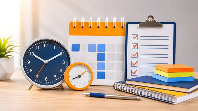 Clocks, calendar, and checklist clipboard on a wooden desk. Concept of time management and daily routine scheduling.