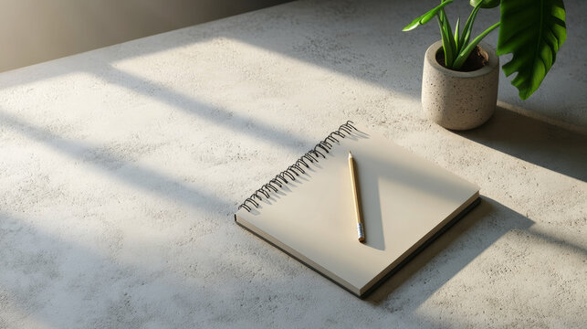 Notebook and green plant bathed in afternoon sunlight on a cement desktop, a minimalist still life scene.