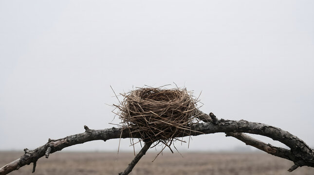 Empty Abandoned Bird Nest Bare Leafless Branch Grey Sky Species Extinction Biodiversity Loss Emptiness Concept