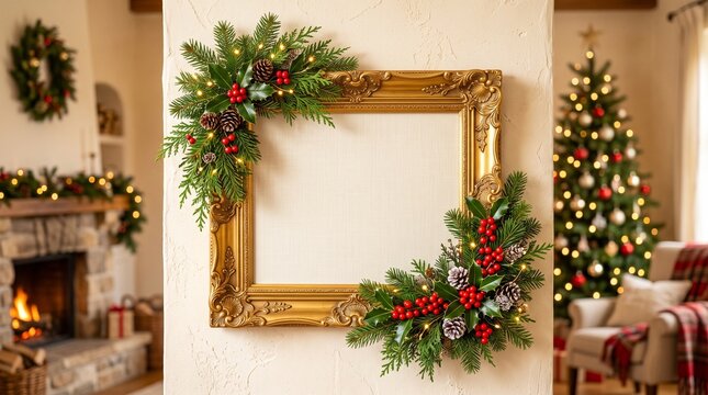 Empty ornate gold picture frame decorated with Christmas greenery and berries on wall