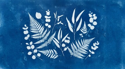 Obraz premium Cyanotype Botanical Silhouette Sun Print Wellness Photography Blue