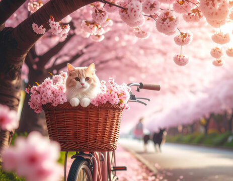 cute munchkin cat sitting in a bicycle basket filled with cherry blossoms