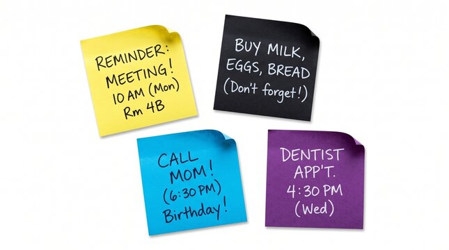 Colorful sticky notes with handwritten daily reminders and to-do lists on white background