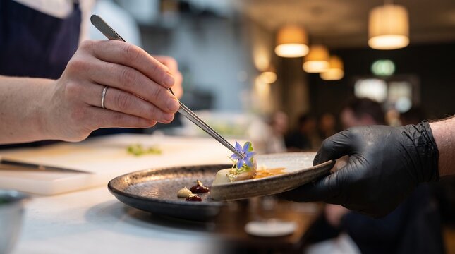Professional chef plating gourmet food with tweezers in a high-end restaurant kitchen