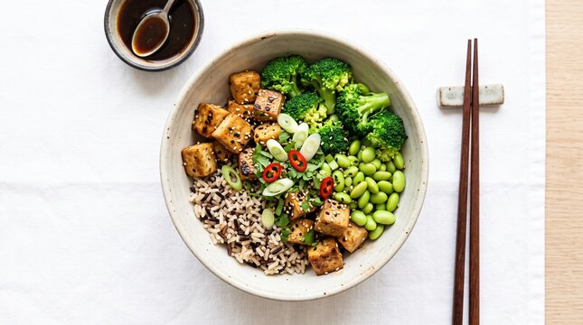Healthy tofu and broccoli rice bowl with edamame and soy sauce on white table