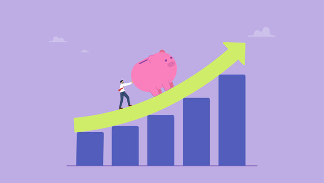 Rich businessman push big piggy bank up rising graph and chart. Saving or investment profit, compound interest graph or wealth incremental, investment earning from stock market or mutual fund concept.