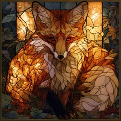 Naklejka premium A fox appears within stained glass panels, surrounded by leaves in warm russet tones. The glass captures a vivid light, creating a rich glow.