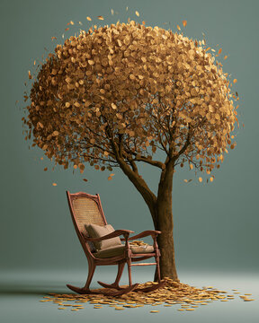 A wooden rocking chair resting under a tree with falling gold coins against a minimalist teal studio background. Excellent for retirement fund advertisements, pension planning services