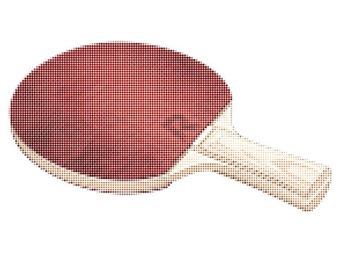 Professional table tennis racket with red rubber surface. Ping pong paddle with wooden handle on white background. Sports equipment for indoor games.