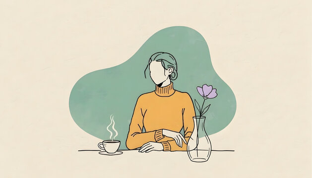 Minimalist vector illustration of a faceless girl drinking coffee at home - Hygge lifestyle - minimal line art