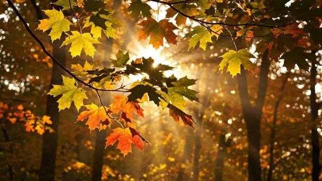 Autumn maple leaves in warm sunlight, sunbeams shining through colorful foliage, golden hour glow, a serene forest scene perfect for nature and seasonal themes.