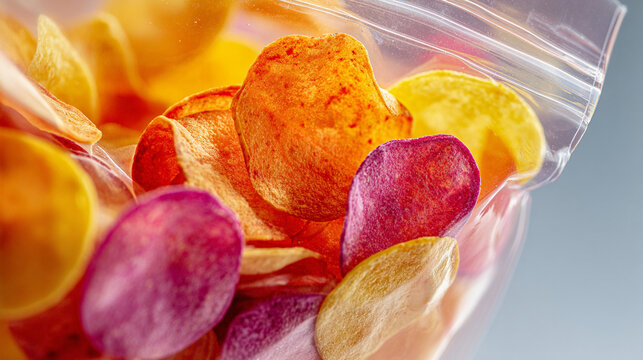 Colorful vegetable chips stored inside clear plastic pouch captured with soft warm lighting and depth