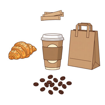 Set of coffee shop items including a croissant, paper cup, coffee beans, and a paper bag.
