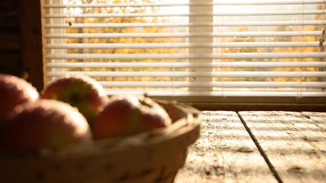 Basket of ripe red apples glistening with water droplets, bathed in warm sunlight streaming through blinds, fall harvest scene, rustic wooden table