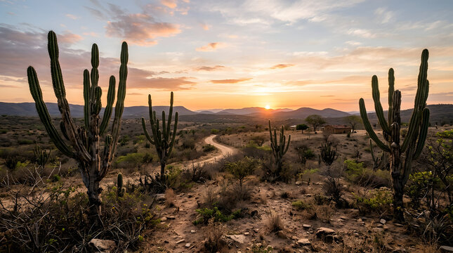 Wide landscape caatinga view with iconic mandacaru cacti at golden hour