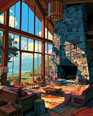 Obraz premium A cozy lodge space features a fireplace, large windows showing the view, and retro decor. This scene evokes a sense of nostalgia and warmth.