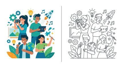 Fototapeta premium Creative Young People Teamwork, Diverse Talents, Isolated