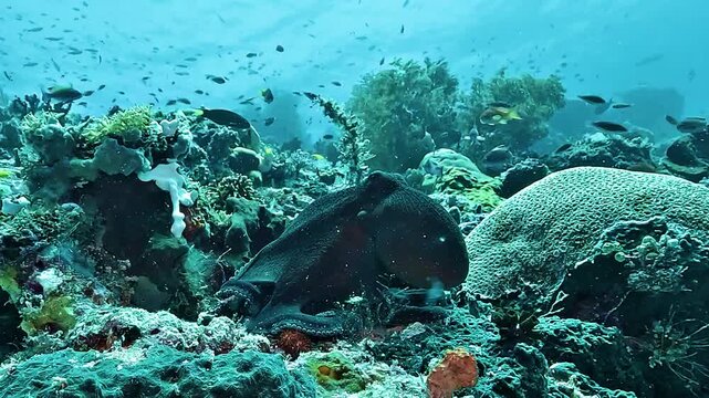 A dark octopus retreats from the approaching camera and slips backward into a coral reef hole in Raja Ampat, Indonesia.