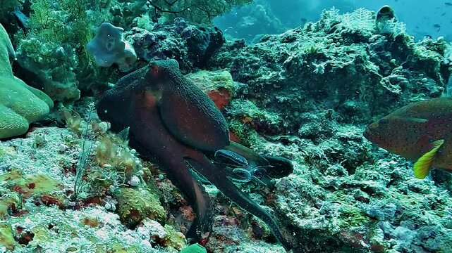 A reef octopus, Octopus sp., explores two coral holes while a grouper follows closely, waiting to catch prey flushed from the reef in Raja Ampat.