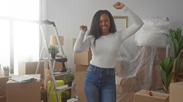 Woman smiling and raising arms beside stacked moving boxes in a building interior while unpacking and organizing household items, ladder and plants visible; joy celebration.