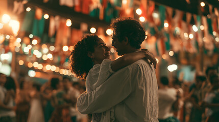 Fototapeta premium A forró couple dancing close together at a São João festival, string lights and flags overhead, warm night light